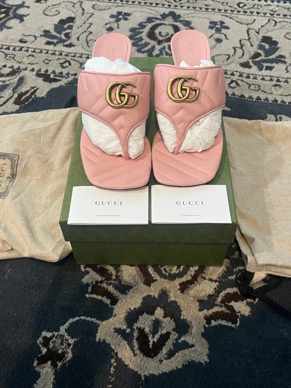 Gucci Marmont Double G Chevron GG Logo Pink Thong Mule Kitten Sandals Size EU 38